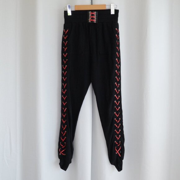 The Kooples Black Slouchy Fleece Pants Leather Lace Up Accents Sz S - Picture 2 of 9